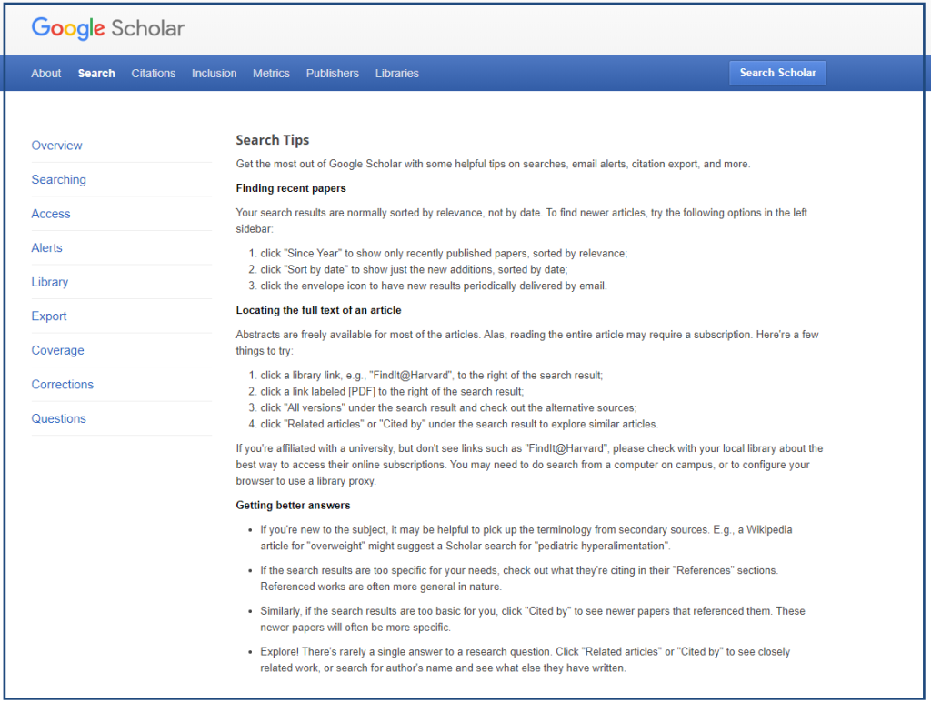 Screenshot of Google Scholar: Search Tips.