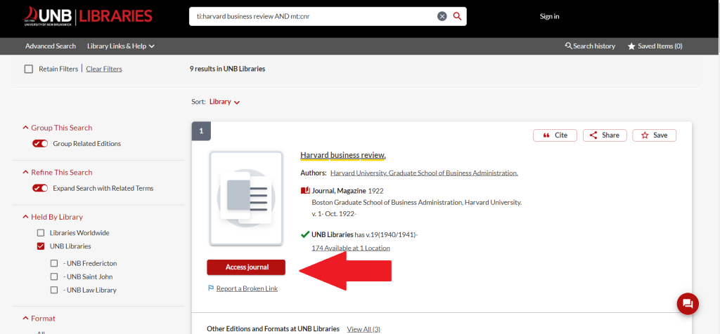 Screenshot of the catalogue record for Harvard Business Review, which provides information on how to access and years of library holdings.