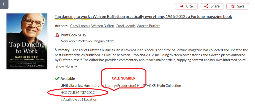 Screen shot of a call number and its location in the HIL stacks.