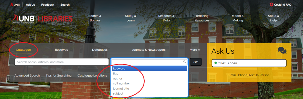 Screen shot of the Catalogue search box, with search options circled.