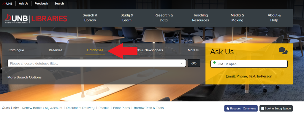 Arrow pointing to the Databases tab on the main library home page.