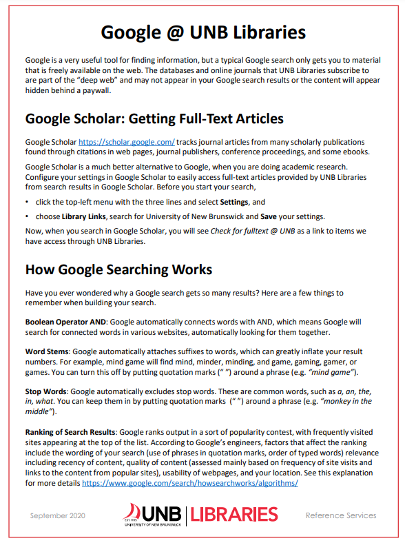 Image of the Google at UNB Libraries handout, which explains how Google Searching works.