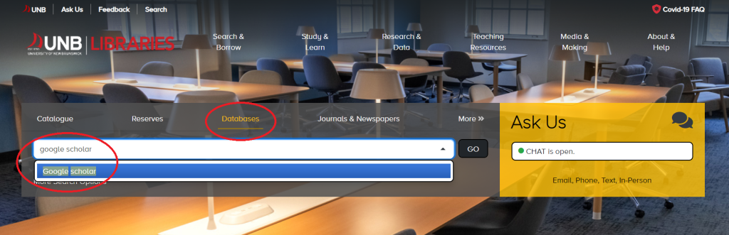 Screenshot of how to access Google Scholar via the library home page > Databases > Google Scholar.