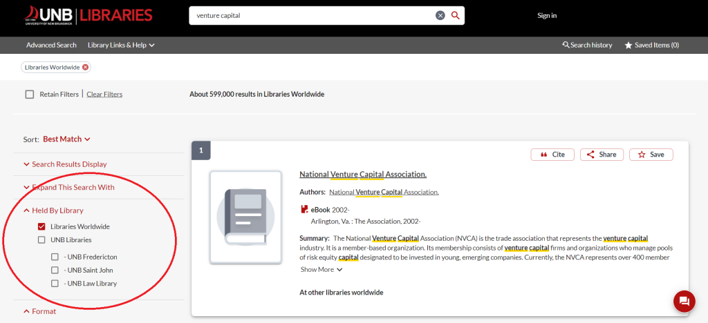 Example of the "Libraries Worldwide" search feature in UNB WorldCat.