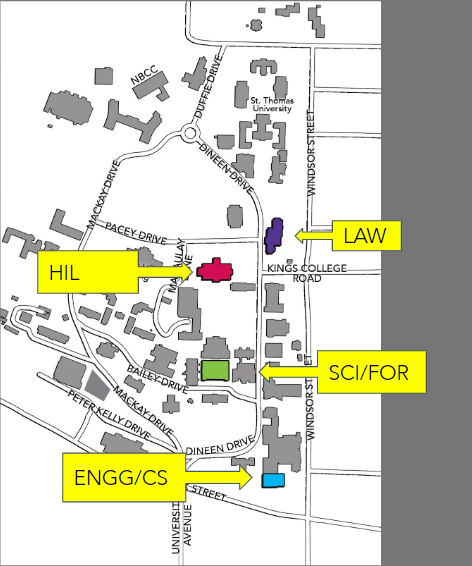 This map shows the locations of the four libraries on the UNB Fredericton campus.