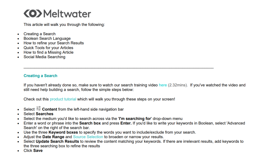 Screenshot of the Meltwater Search Guide