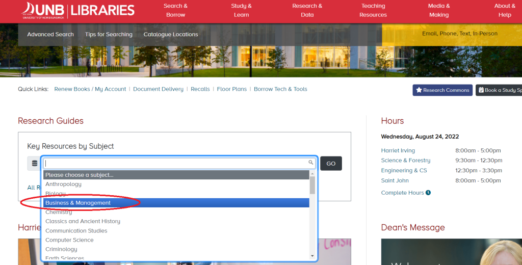 Screenshot of where to locate the Business & Management research guide on the library homepage.