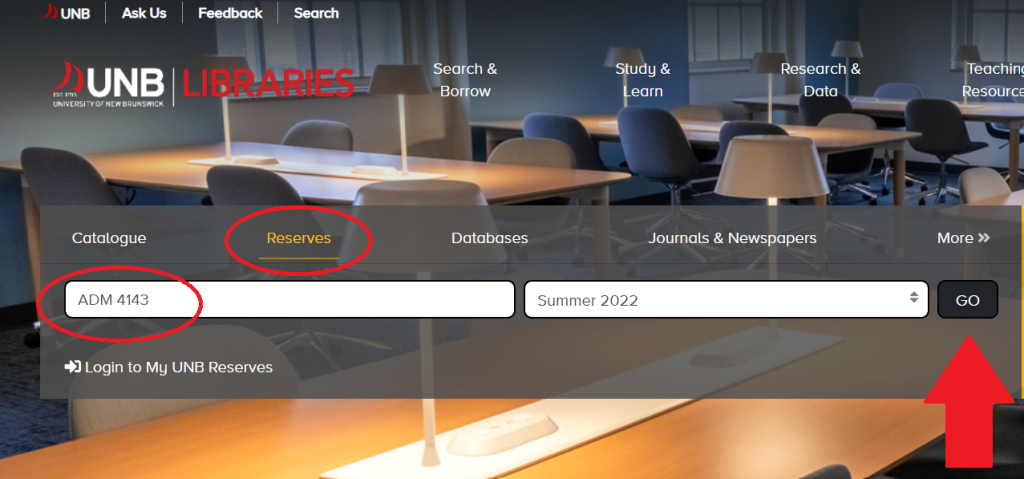 Screenshot of where to locate Course Reserves via the UNB Libraries website.