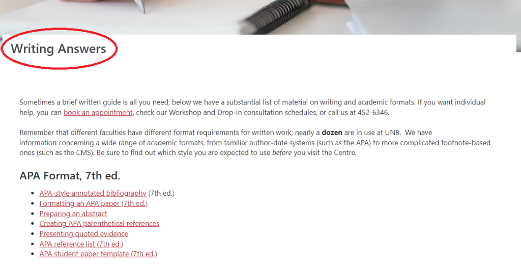 Screenshot of the Writing Answers page for the Writing Centre.