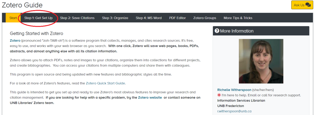 Screen shot of the Zotero research guide via the UNB Libraries' website.