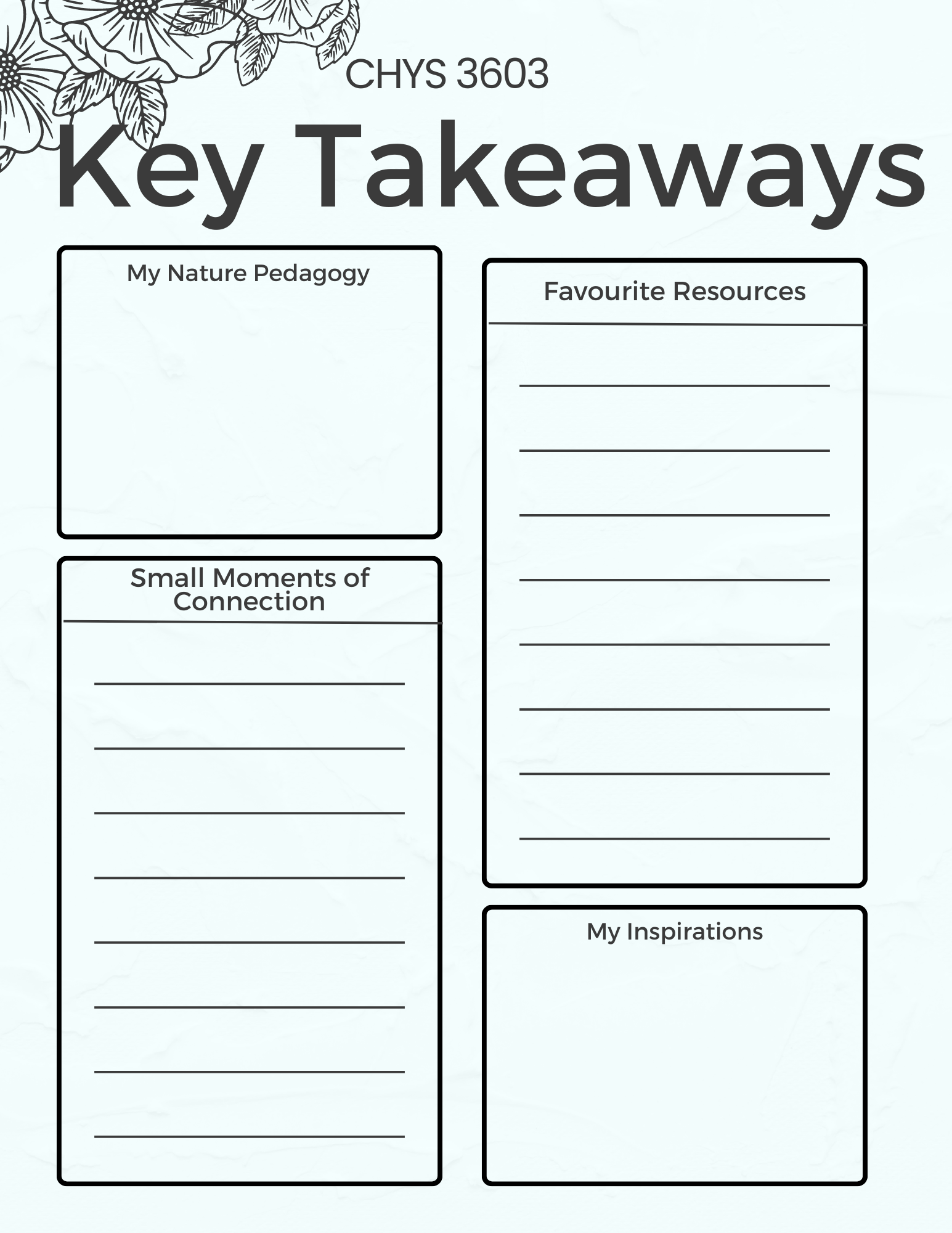 A journal style page with the title CHYS 3603 Key Takeaways. The topics for reflection are: my nature pedagogy, small moments of reflection, favourite resources and my inspiration.